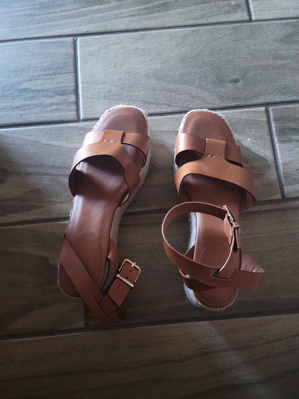 Zara Tan Leather Hessian Espadrille Wedge Sandals - Picture 3 of 3